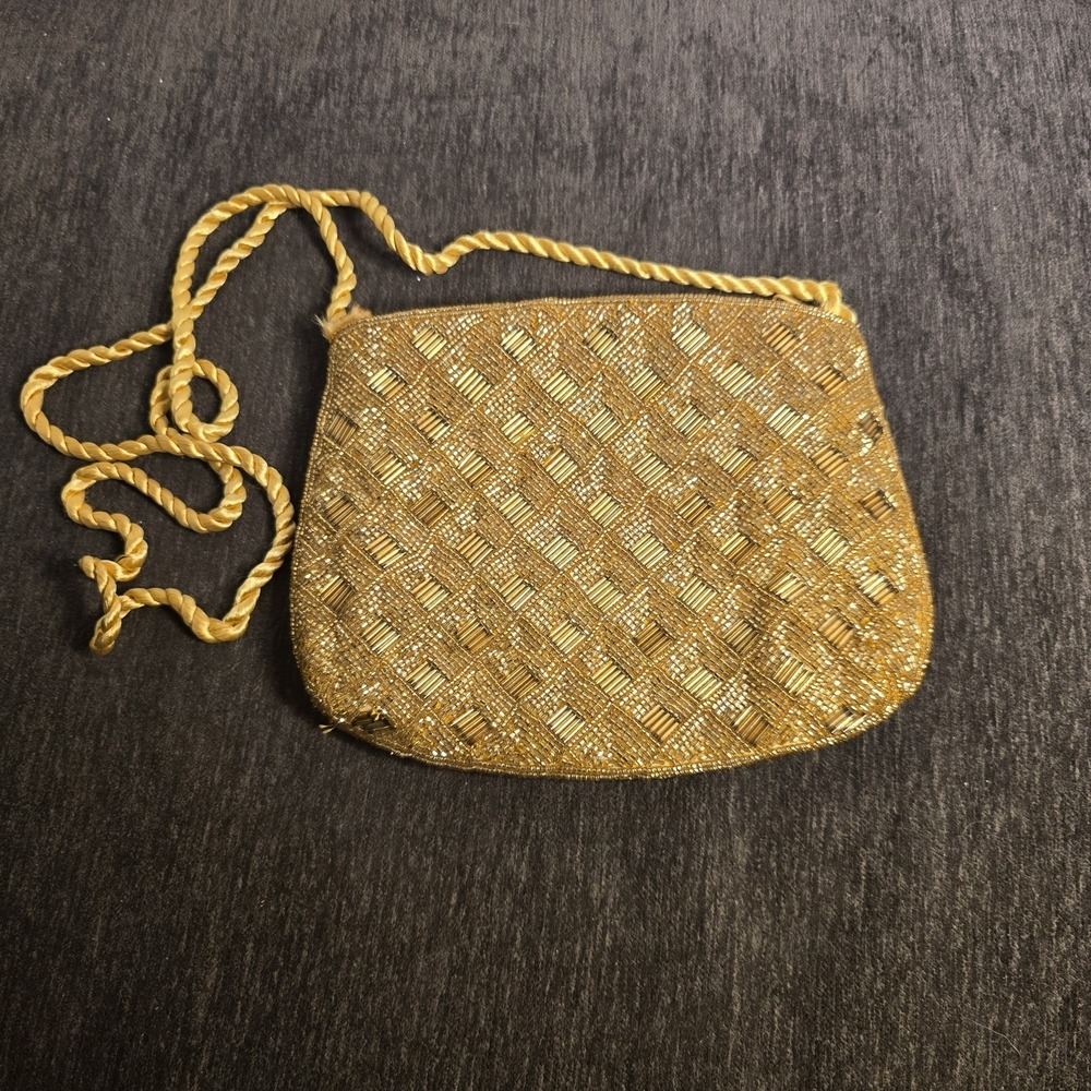 Gold Beaded Evening Bag Crossbody Clutch Basketweave Formal Wedding Retro